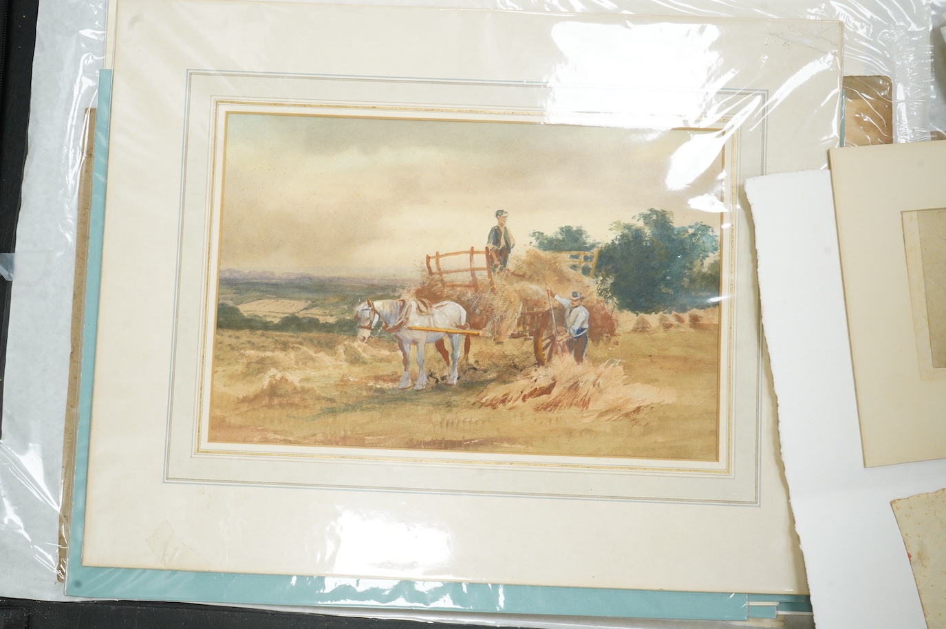 A large collection of watercolours, sketches and prints to include four works by J H Powell, maritime interest scenes, each signed, various 19th century and later watercolours and a set of maritime interest oleographs on